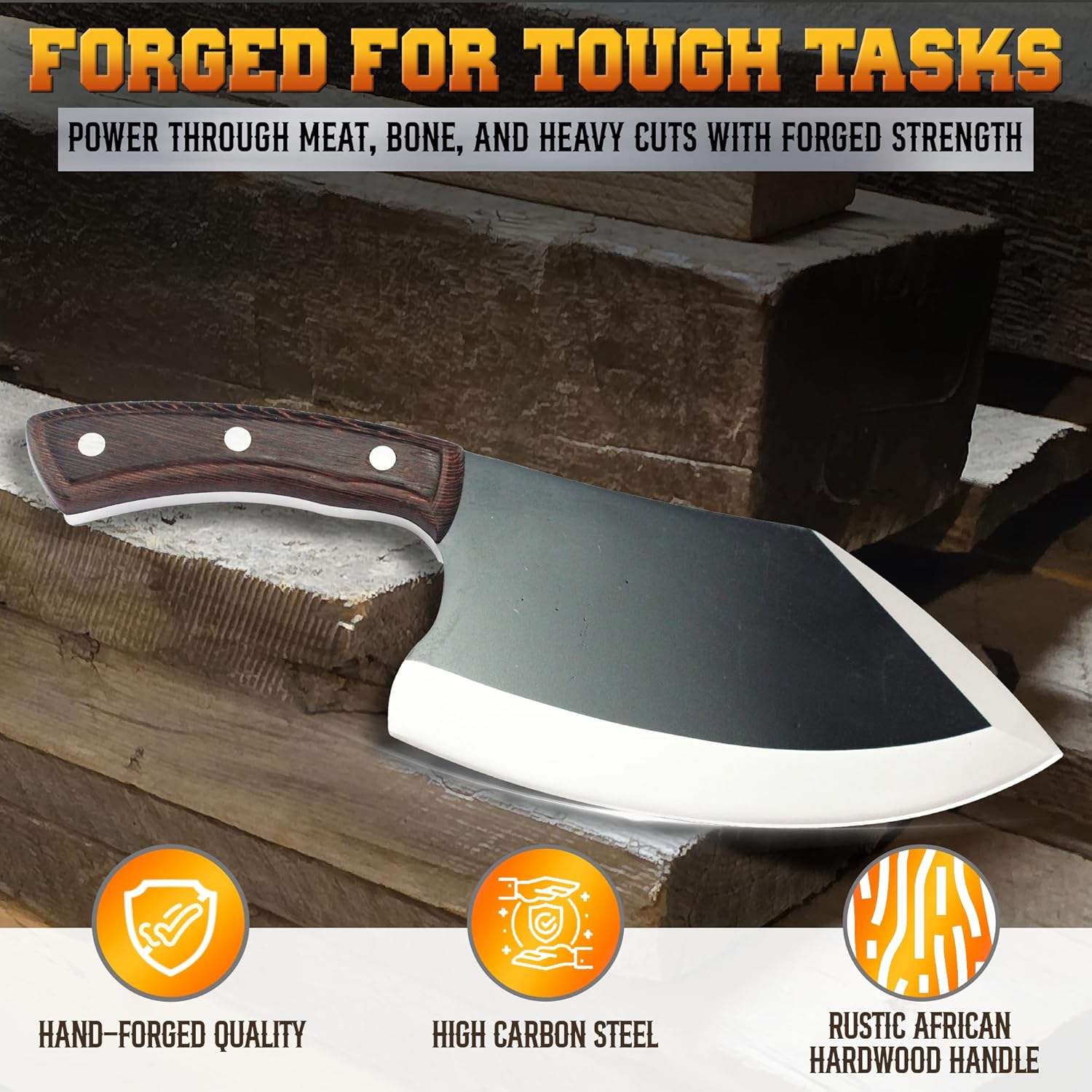 Knife with wooden handle on a wooden background, featuring text about its strength and materials.