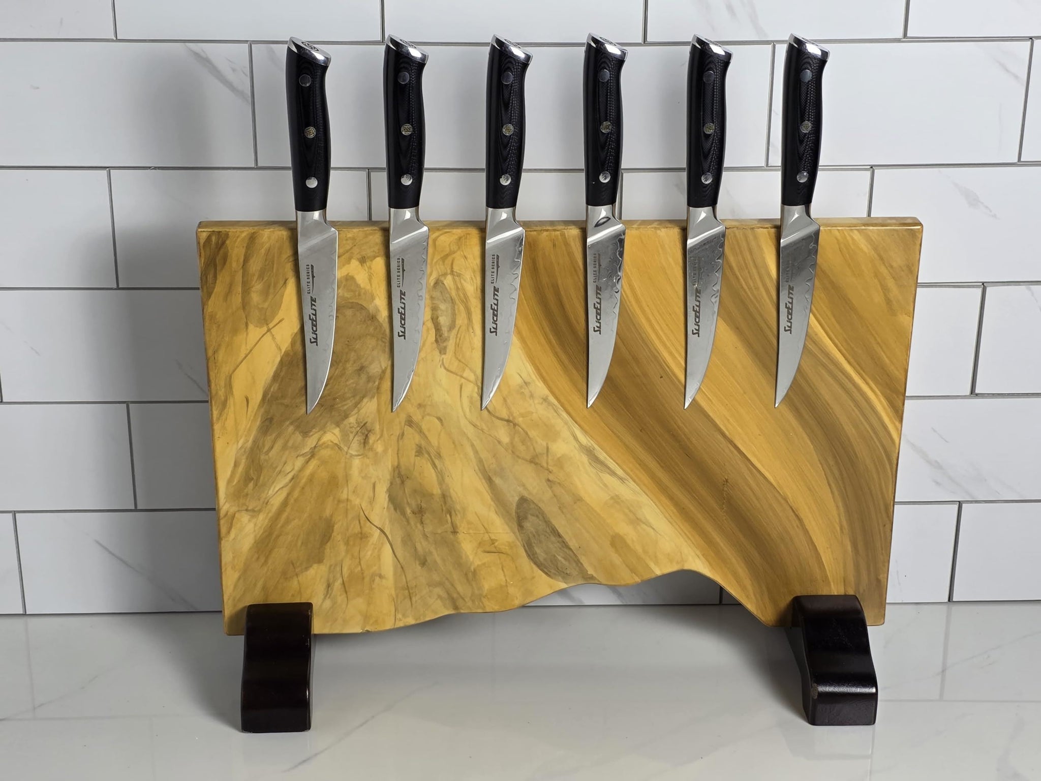 Magnetic Knife Block Made from Olive Wood Strong Magnets for Damascus Knives Universal Wooden Knife Holder Double-Sided Knife Organizer