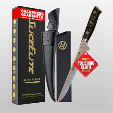 Elite Series 6.5-Inch Damascus Fillet Knife | VG10 Core, Gold-Infused Carbon Fiber Handle | Fish Fillet & Petrified Fish Knives with Dual Sheaths | Damascus Kitchen Knife for Meat, Fruits & Vegetables