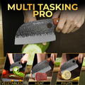 Multifunctional knife being used to cut vegetables, meat, and fruits with text 'Multi Tasking Pro'.