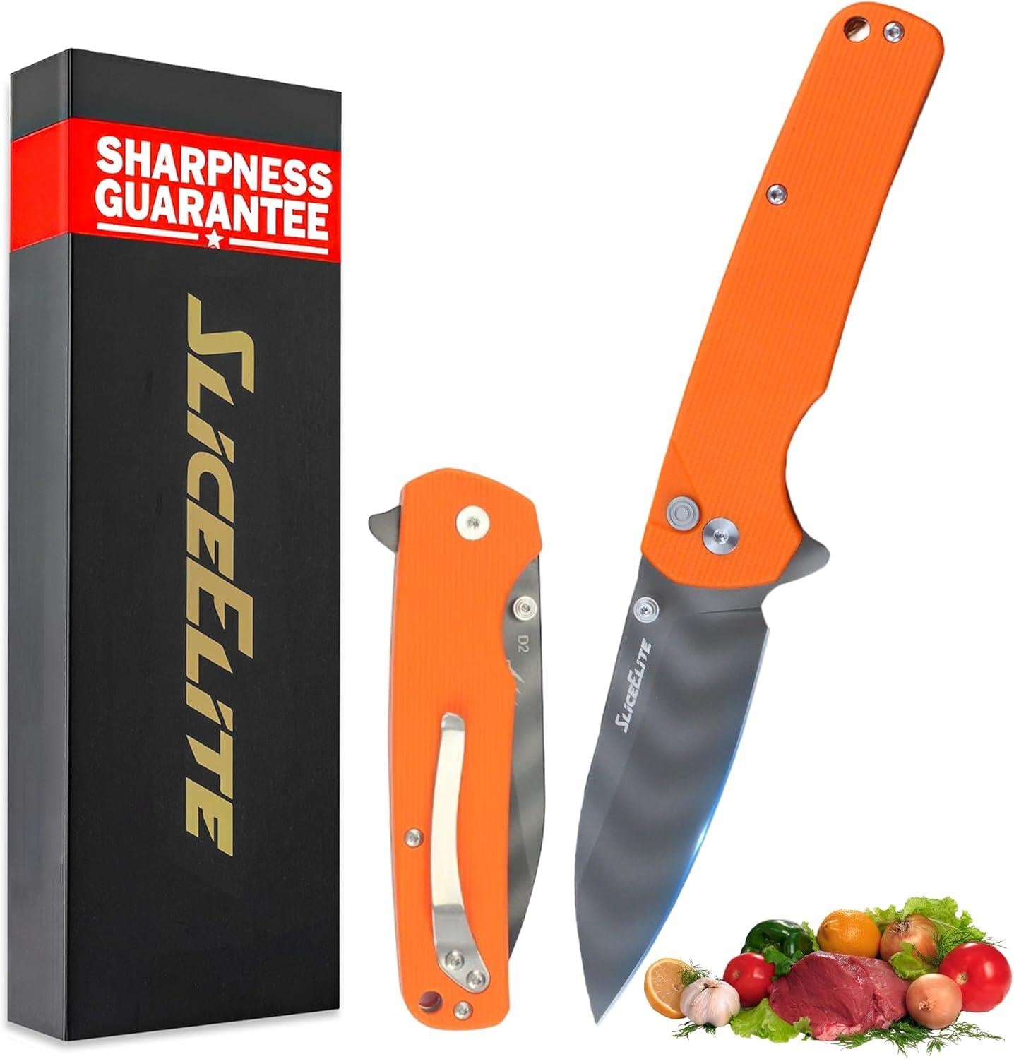 Open and Folded View of SliceElite Tiger Claw Pocket Knife along with the packing box