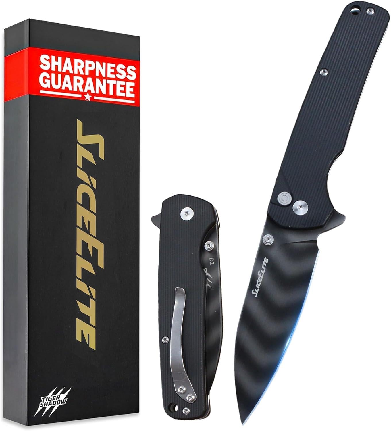 Open and Folded View of SliceElite Tiger Shadow Folding Knife with Packing Box
