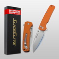 Orange folding knife with 'Slice Elite' branding and sharpness guarantee on packaging.