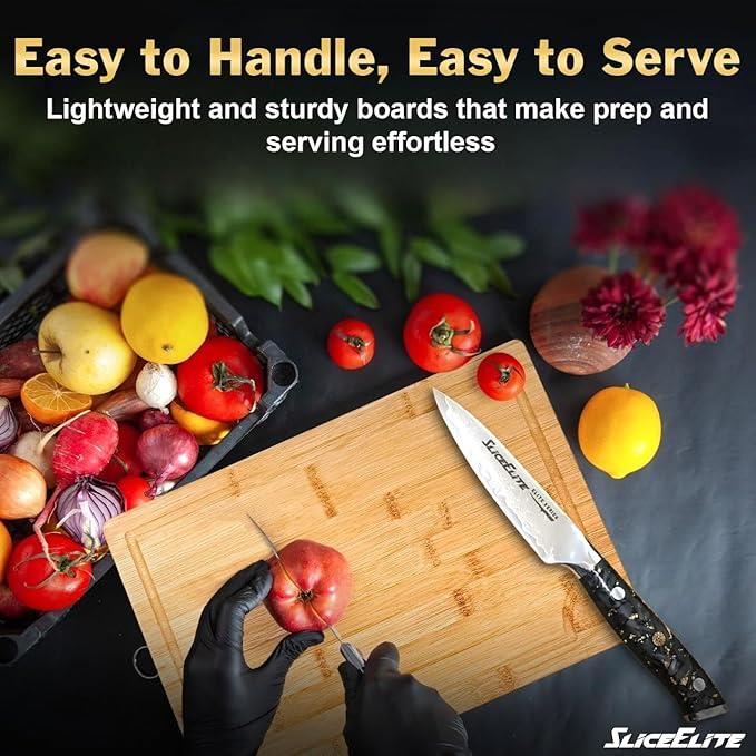 Person cutting an apple on a wooden cutting board with a knife, surrounded by fruits and vegetables, with promotional text about the boards' ease of use.