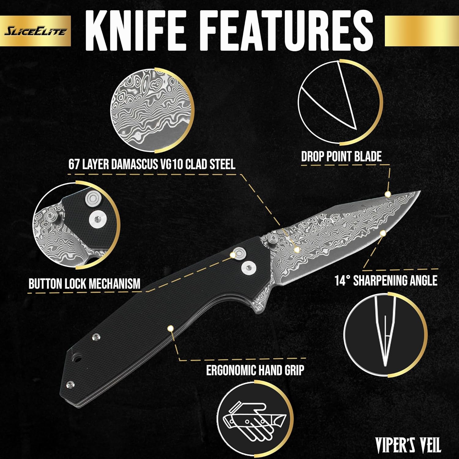 Pocket Knife for Men with G10 Composite Handle, 67-Layer Damascus Steel Clip Drop Hybrid Blade