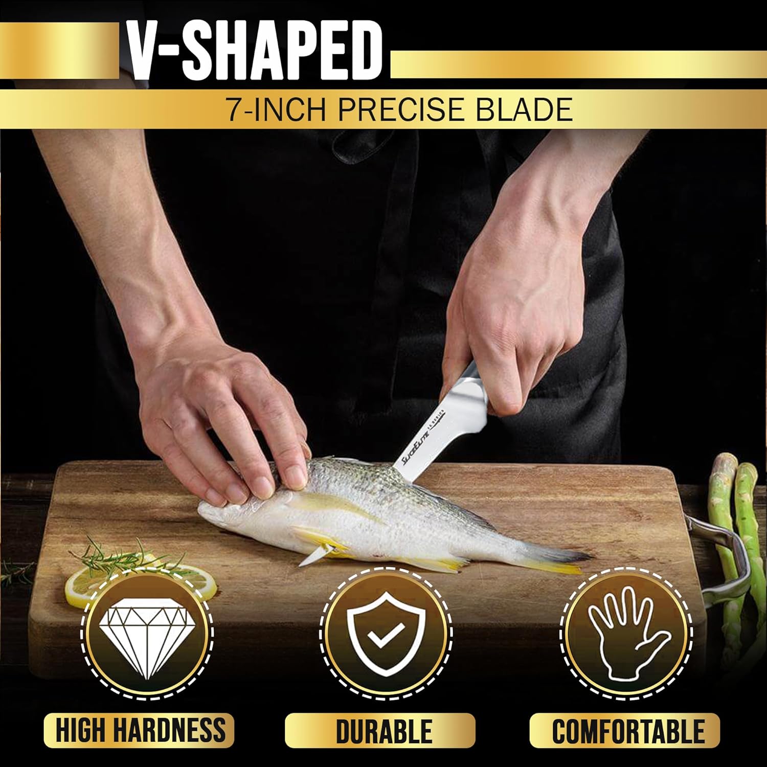 Precision fillet knife Cutting a fish on a wooden cutting board