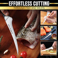 A precision fillet knife slicing a fish on a wooden cutting board, shown with additional images demonstrating its use for meat, fish, and vegetables.