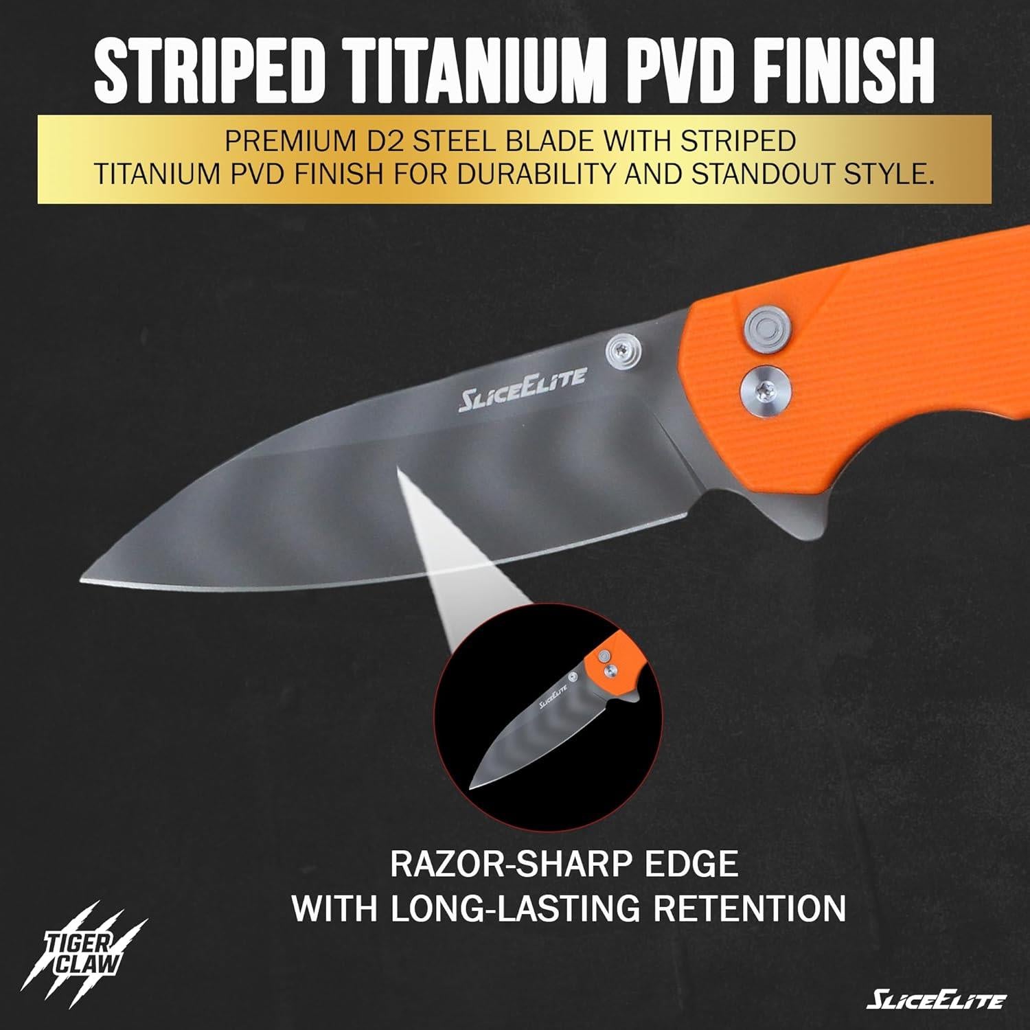 Premium D2 steel blade with striped titanium PVD finish, featuring a razor-sharp edge for long-lasting retention and standout style