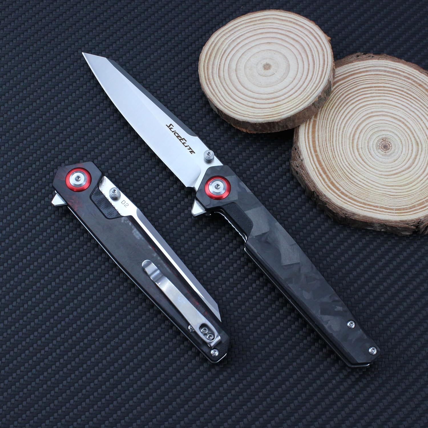 The premium folding knife with D2 steel blade and carbon fiber handle features liner lock design