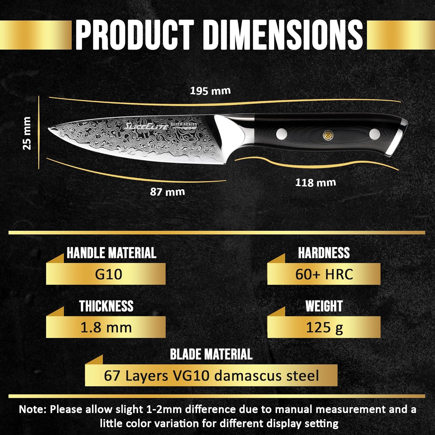 Product Dimensions of SliceElite 3.5-Inch Damascus Paring Knife VG10 Steel G10 Handle