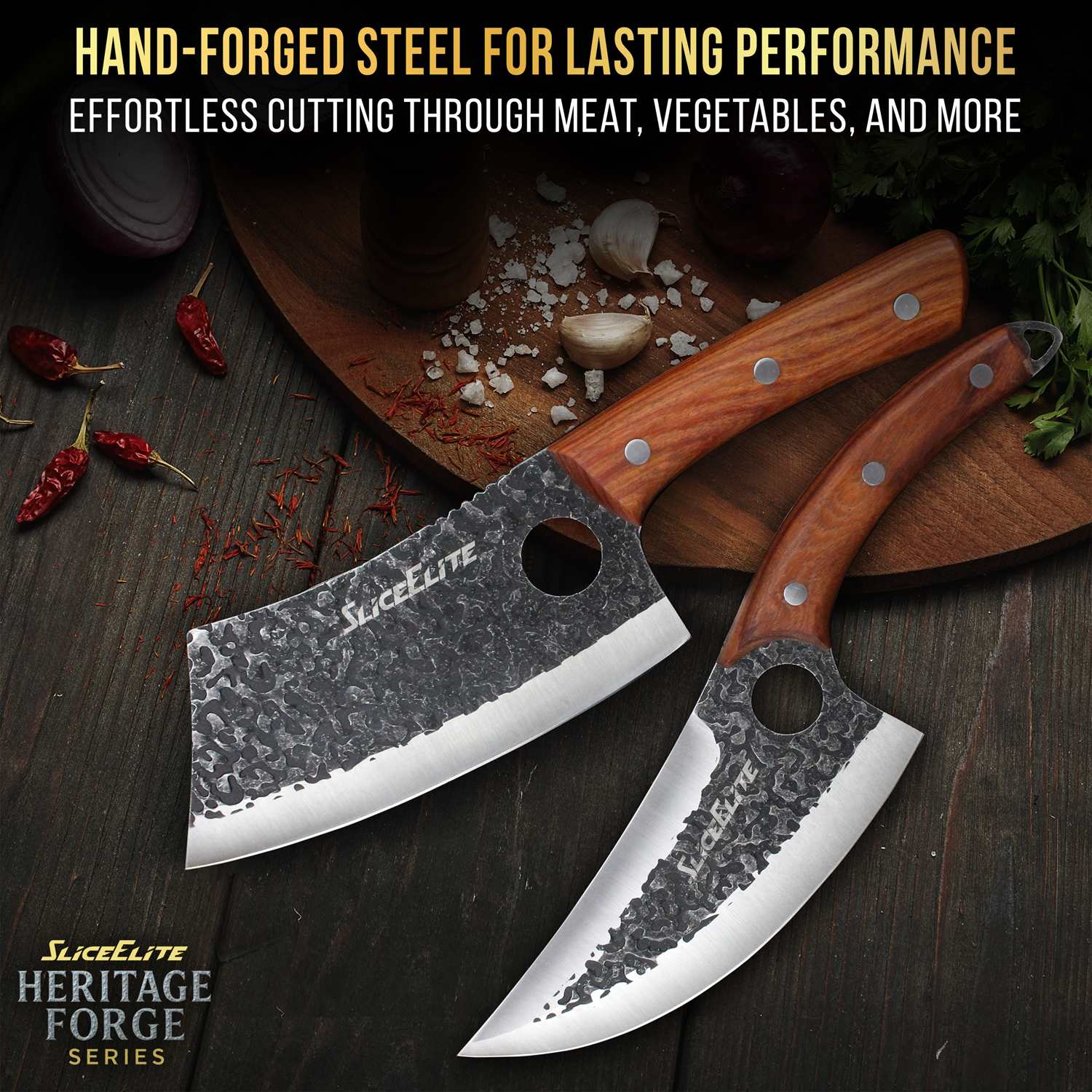 Two hand-forged steel knives with wooden handles on a dark surface with ingredients.