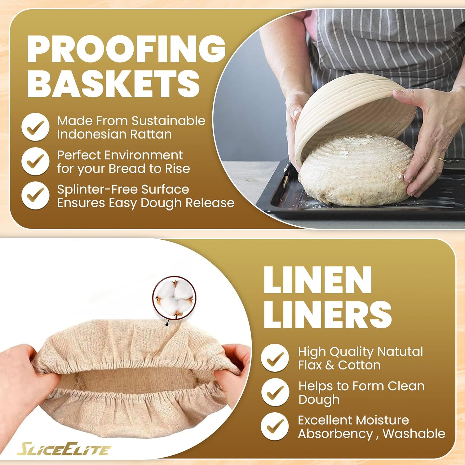 Round rattan banneton proofing basket with linen liner, bread lame