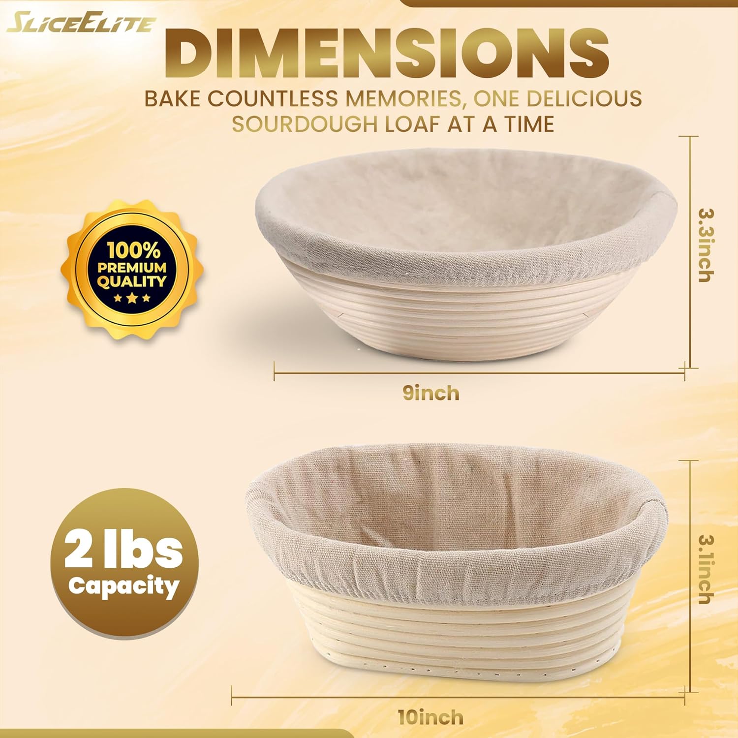 Round rattan banneton proofing basket with linen liner, bread lame. Product dimensions