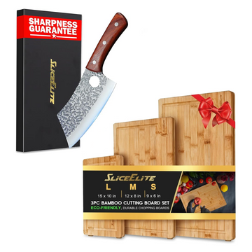 SliceElite Meat Cleaver & Bamboo Cutting Board Set for Kitchen & BBQ Prep | Forged meat cleaver with a 3-piece bamboo cutting board set for chopping, slicing, carving, and everyday meal prep.