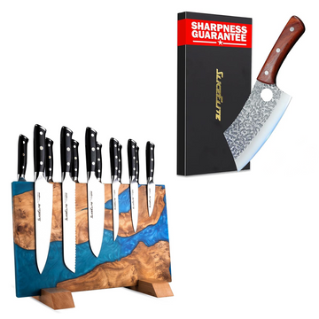 SliceElite Meat Cleaver & Magnetic Knife Block Set for Kitchen & BBQ Prep | Forged meat cleaver with a double-sided magnetic knife block for secure storage, quick access, and everyday food prep.