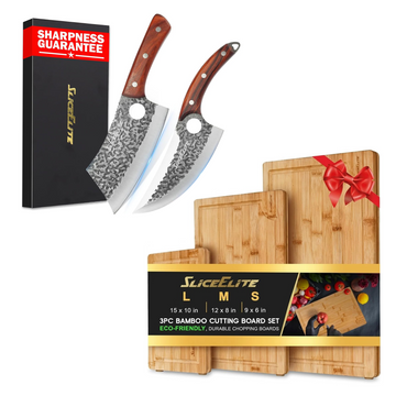 SliceElite 2PCS Butcher Knife & Bamboo Cutting Board Set for Kitchen & BBQ | 2-piece forged butcher knife set with a 3-piece bamboo cutting board set for chopping, slicing, carving, and prep.