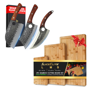SliceElite 3-Piece BBQ Knife & Bamboo Cutting Board Set for Kitchen Prep | 3-piece forged BBQ knife set with a 3-piece bamboo cutting board set for chopping, carving, slicing, and meal prep.