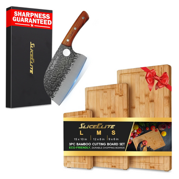 Serbian Chef Knife & Bamboo Cutting Board Set for Kitchen Prep | Forged Serbian chef knife with a 3-piece bamboo cutting board set for chopping, slicing, carving, and meal prep.