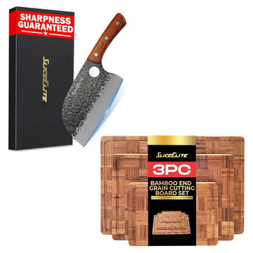 Serbian Chef Knife & 3-Piece Bamboo Cutting Board Set