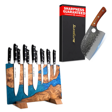 Serbian Chef Knife & Magnetic Knife Block Set for Kitchen & BBQ Prep | Forged Serbian chef knife with a double-sided magnetic knife block for organized storage and everyday food prep.