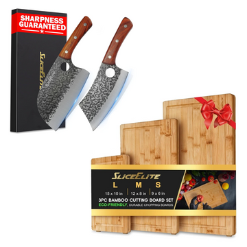 2-Piece Butcher Knife & Bamboo Cutting Board Set for Kitchen & BBQ | Serbian Chef and Meat Cleaver set with a 3-piece bamboo cutting board set for chopping, carving, and meal prep.