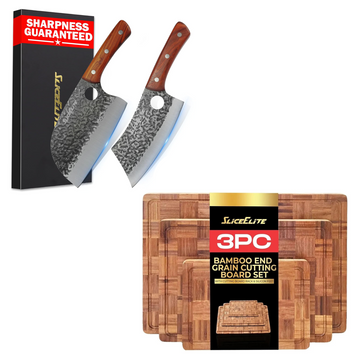 2-Piece Butcher Knife & Bamboo Cutting Board Set for BBQ & Kitchen | 2-piece forged butcher knife set with a 3-piece end grain bamboo cutting board set for chopping, carving, and meal prep.
