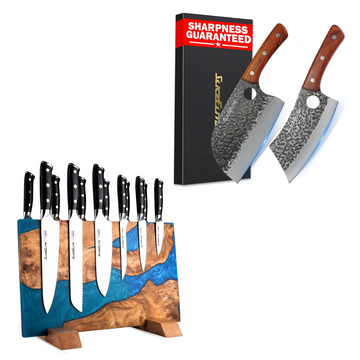 2-Piece Butcher Knife & Magnetic Knife Block Set for Kitchen & BBQ | Serbian Chef and Meat Cleaver set with a double-sided magnetic knife block for secure storage and meal preparation.