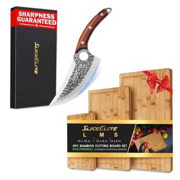 SliceElite Viking Knife & Bamboo Cutting Board Set for Kitchen & BBQ Prep | Forged Viking knife with a 3-piece bamboo cutting board set for slicing, trimming, carving, and meal prep.