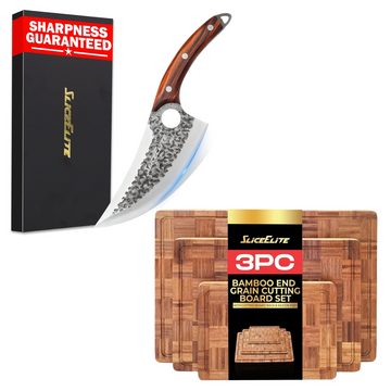 SliceElite Viking Knife & 3-Piece Bamboo Cutting Board Set for Kitchen Prep