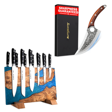SliceElite Viking Knife & Magnetic Knife Block Set for Kitchen & BBQ Prep | Forged Viking knife with a double-sided magnetic knife block for secure storage, quick access, and meal prep.