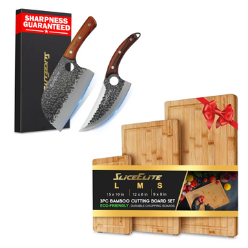 SliceElite 2-Piece Knife & Bamboo Cutting Board Set for Kitchen & BBQ Prep | Serbian Chef and Viking knife set with a 3-piece bamboo cutting board set for chopping, slicing, and meal prep.