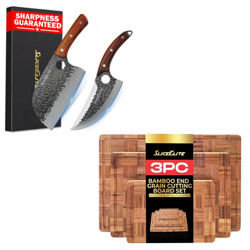 2-Piece Butcher Knife & Bamboo Cutting Board Set for Kitchen Prep | 2-piece forged butcher knife set with a 3-piece end grain bamboo cutting board set for chopping, slicing, and meal prep.