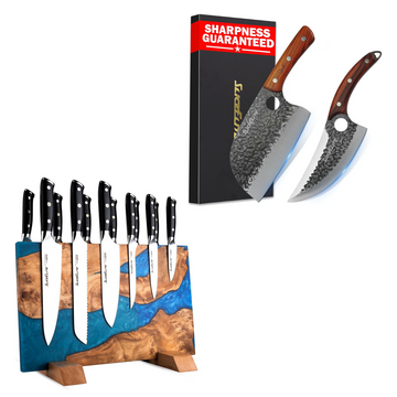 SliceElite 2-Piece Knife & Magnetic Knife Block Set for Kitchen & BBQ Prep | Serbian Chef and Viking knife set with a double-sided magnetic knife block for secure storage and everyday prep.