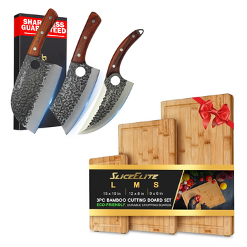 3-Piece Butcher Knife & Bamboo Cutting Board Set for Kitchen & BBQ | 3-piece hand-forged butcher knife set with a 3-piece bamboo cutting board set for chopping, carving, and meal prep.