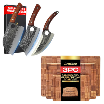 Hand-Forged Butcher Knife & Bamboo Cutting Board Set for Kitchen Prep | 3-piece hand-forged butcher knife set with a 3-piece end grain bamboo cutting board set for prep, carving, and BBQ.
