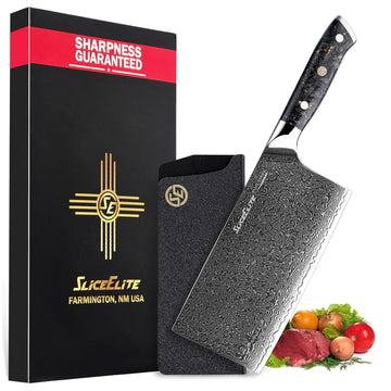 SliceElite 7-Inch Damascus Meat Cleaver Knife VG10 Steel Carbon Fiber Handle