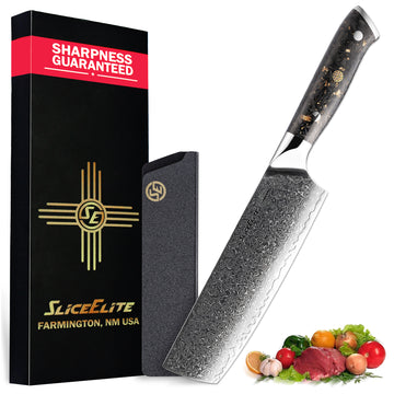 SliceElite 7-Inch Nakiri Knife Damascus VG10 Steel Carbon Fiber Handle with Polymer Sheath