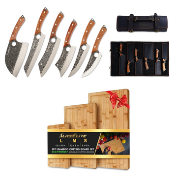 SliceElite 6PC Knife Set & Bamboo Cutting Board Set for Kitchen & BBQ Prep | 6-piece forged knife set with leather roll and a 3-piece bamboo cutting board set for carving, slicing, chopping, and prep.