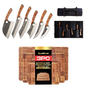 SliceElite 6PC Knife Set & Bamboo Cutting Board Set for Kitchen & BBQ Prep | 6 forged knives with leather roll and a 3-piece end grain bamboo cutting board set for prep, carving, and BBQ.