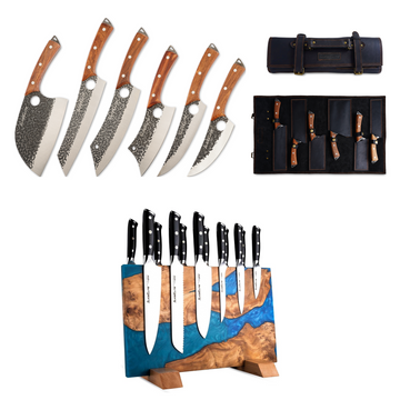 SliceElite 6PC Knife Set & Magnetic Knife Block for Kitchen & BBQ Prep | 6-piece forged knife set with leather roll and a double-sided magnetic knife block for secure storage and food prep.