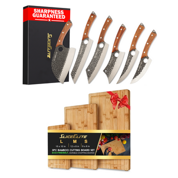 6-Piece Butcher Knife & Bamboo Cutting Board Set for Kitchen & BBQ | 6-piece hand-forged butcher knife set with a 3-piece bamboo cutting board set for prep, carving, and BBQ.