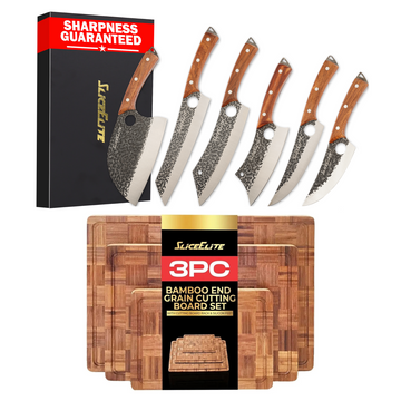 6-Piece Butcher Knife & Bamboo Cutting Board Set for Kitchen Prep | 6-piece hand-forged butcher knife set with a 3-piece end grain bamboo cutting board set for kitchen and BBQ prep.