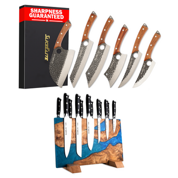 6-Piece Butcher Knife & Magnetic Knife Block Set for Kitchen & BBQ | 6-piece hand-forged butcher knife set with a double-sided magnetic knife block for secure storage and food prep.