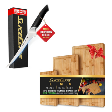 7-Inch Fillet Knife & Bamboo Cutting Board Set for Meat & Fish Prep | VG10 fillet knife with a 3-piece bamboo cutting board set for filleting, boning, trimming, slicing, and meal prep.