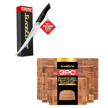 7-Inch Fillet Knife & Bamboo Cutting Board Set for Meat & Fish Prep | VG10 steel fillet knife with a 3-piece end grain bamboo cutting board set for filleting, trimming, boning, and prep.