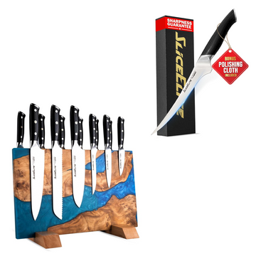 SliceElite 7-Inch Fillet Knife & Magnetic Knife Block for Meat & Fish Prep | VG10 fillet knife with a double-sided magnetic knife block for secure storage, precision cutting, and food prep.