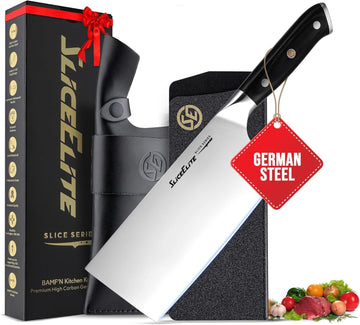 SliceElite 7-Inch Cleaver Knife German Steel Pakkawood Handle with Leather Sheath