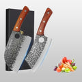 Two kitchen knives with wooden handles on a white background, accompanied by a pile of colorful vegetables.