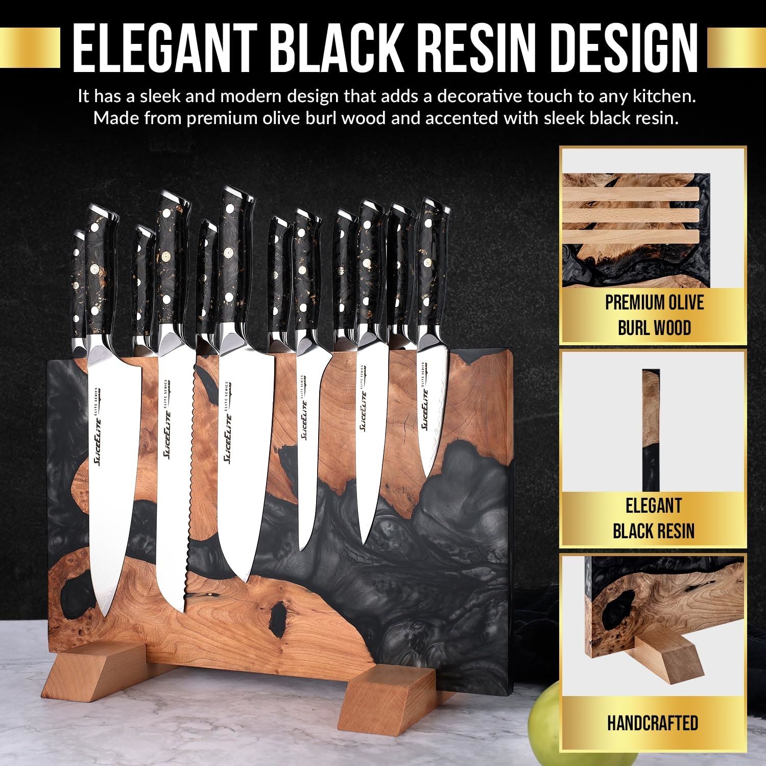 SliceElite Black Resin Magnetic Knife Block 
