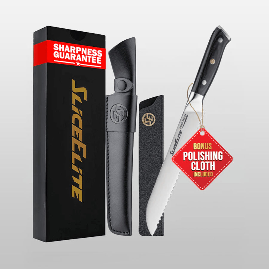 Saw blade with black handle and packaging labeled 'Slice Elite' on a gray background